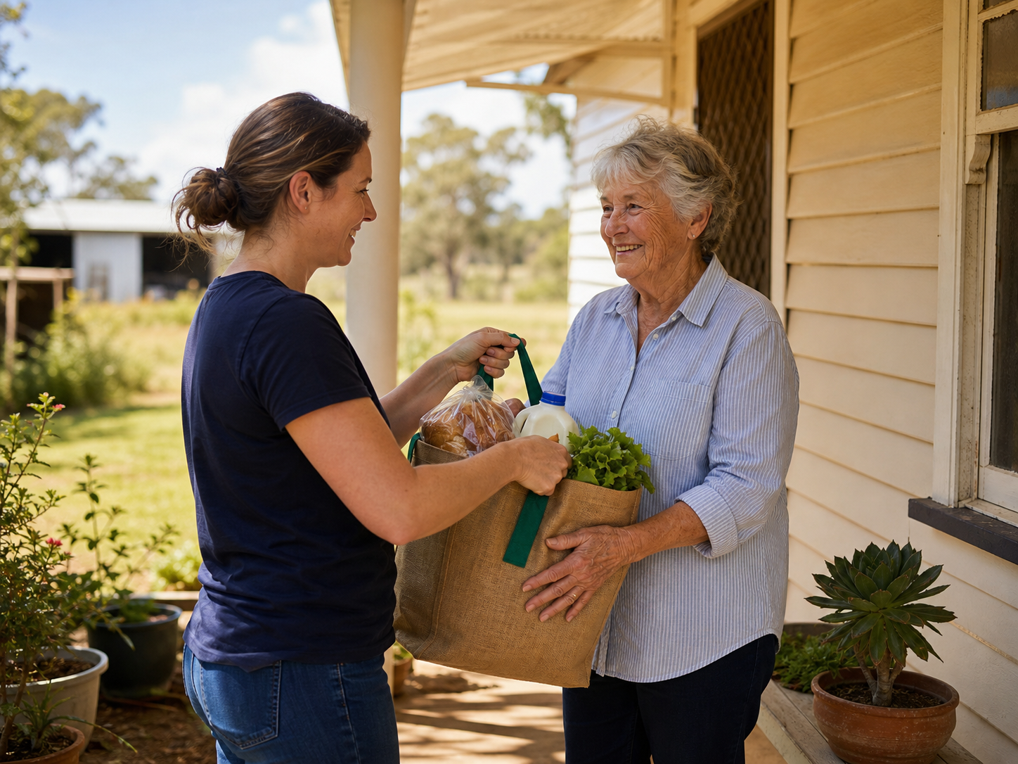 Volunteer helping with groceries in a rural community